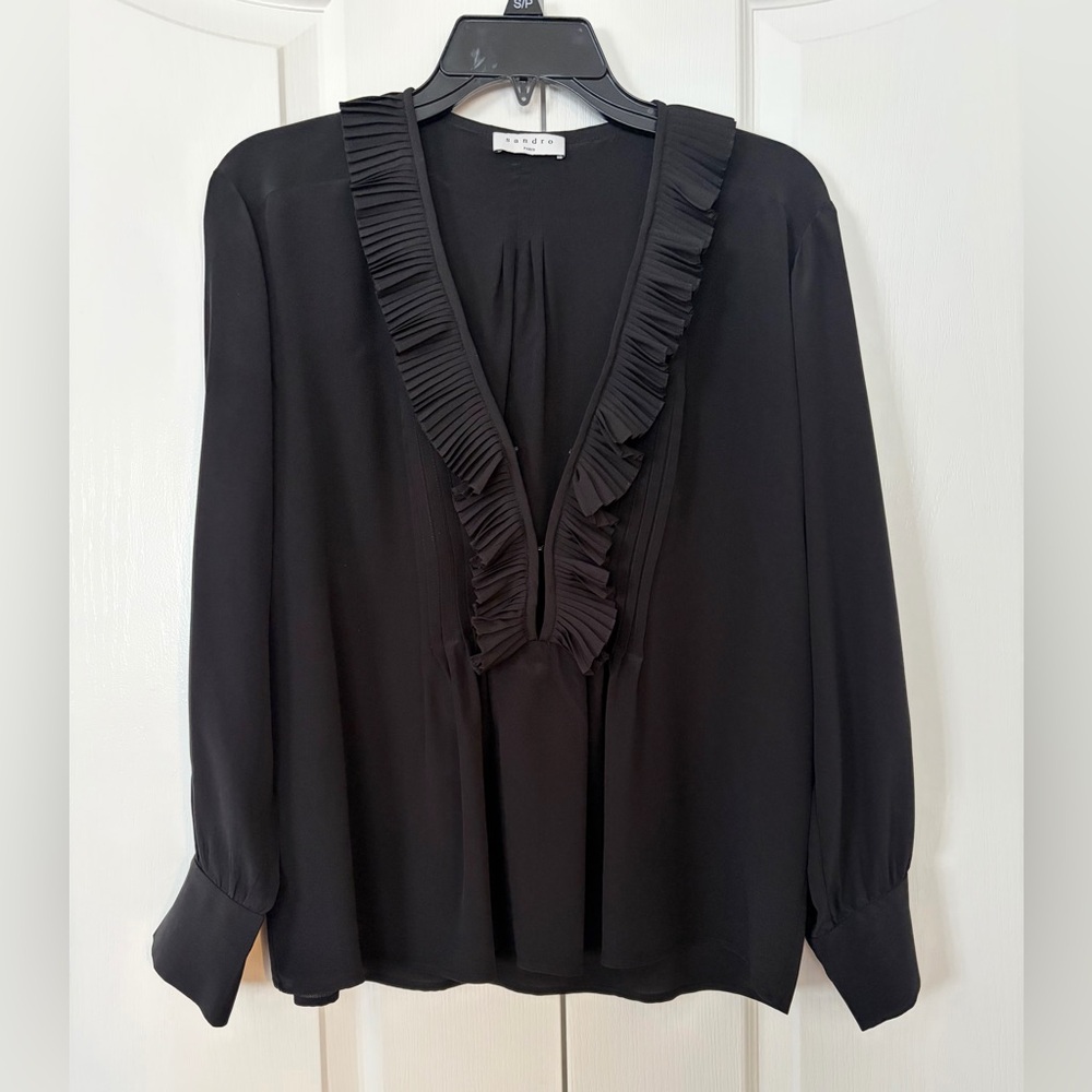 Sandro Silk Black Ruffled Blouse (NWOT)